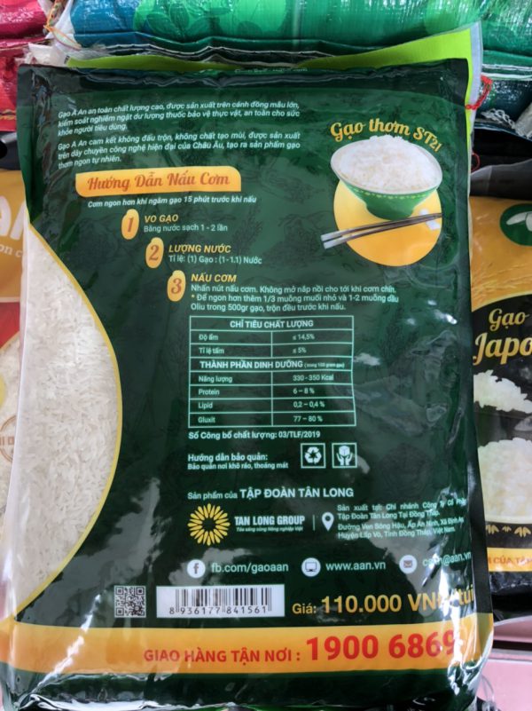 Mặt sau bao 5kg gạo ST21 A An